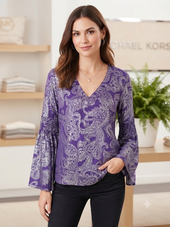 Michael Kors Tops - NWT Michael Kors Purple Paisley Metallic Bell Sleeve Blouse - Size XS 88.00